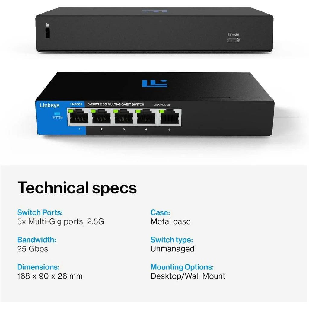 Linksys 5 Port 2.5 Gigabit Switch Unmanaged POE - LN2305P - Image 3